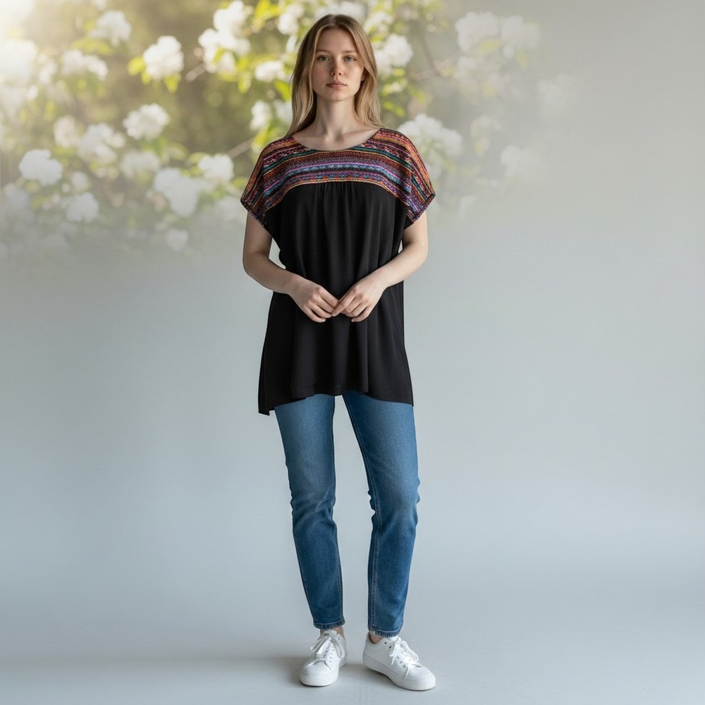 Savanna Jane Black Embroidered Boho Western Blouse Medium Large Cap Sleeve